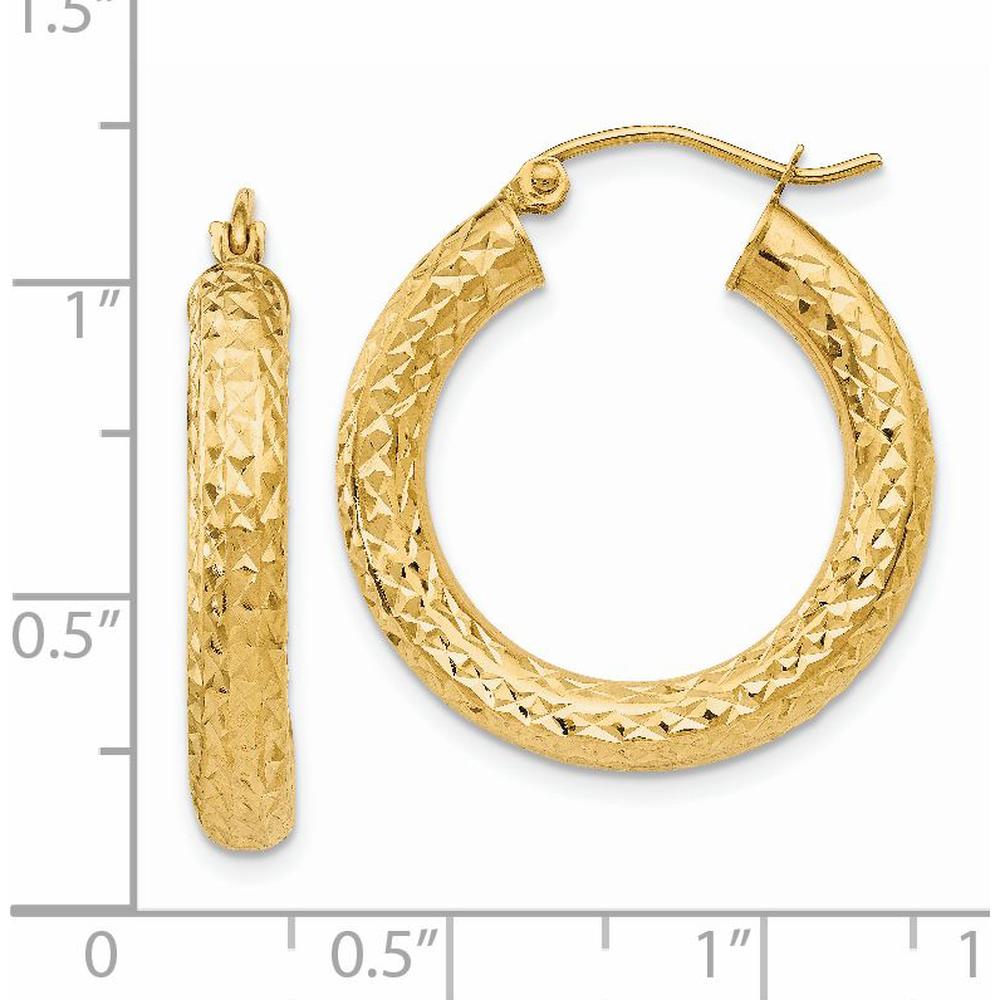 14K Yellow Gold Diamond-Cut 4mm Round Hoop Earrings - 25mm Length by 0