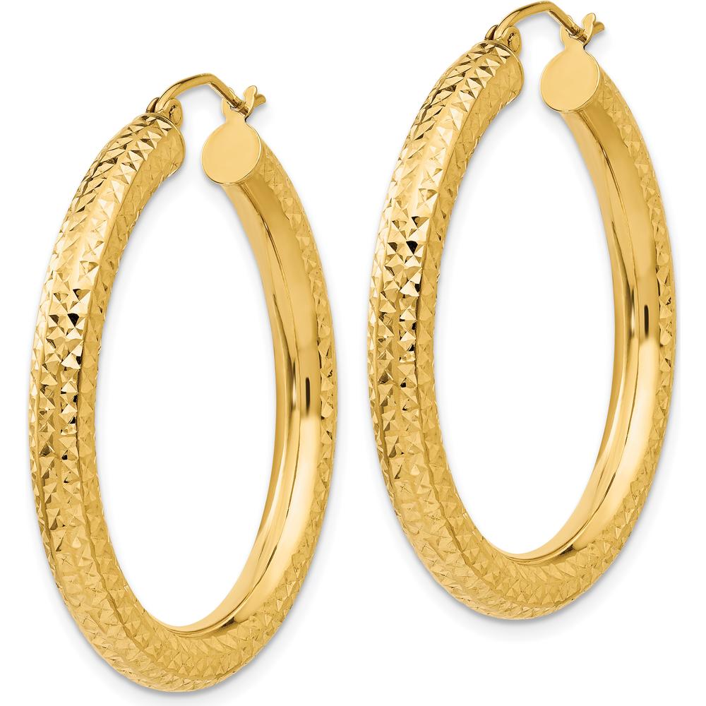 14K Yellow Gold Diamond-Cut 4mm Round Hoop Earrings - 35mm Length by 0