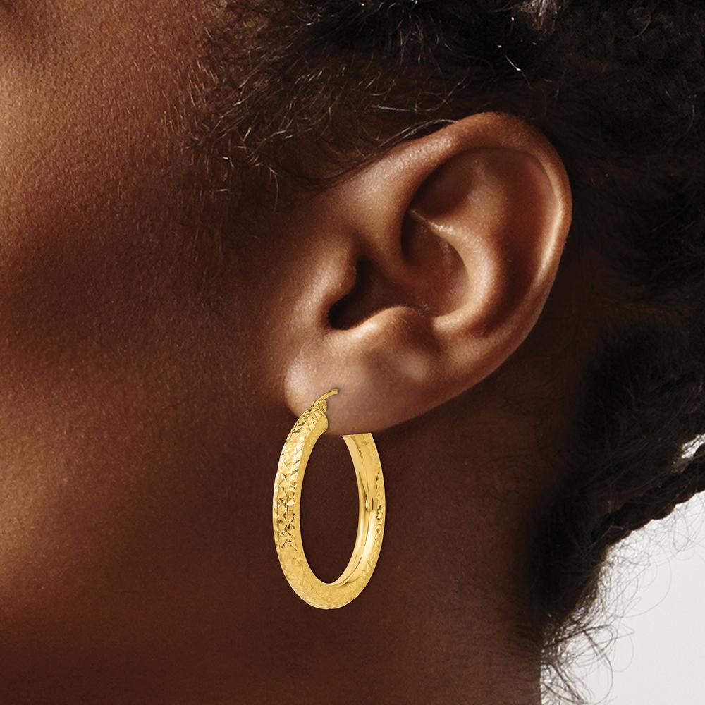14K Yellow Gold Diamond-Cut 4mm Round Hoop Earrings - Polished Finish by 0