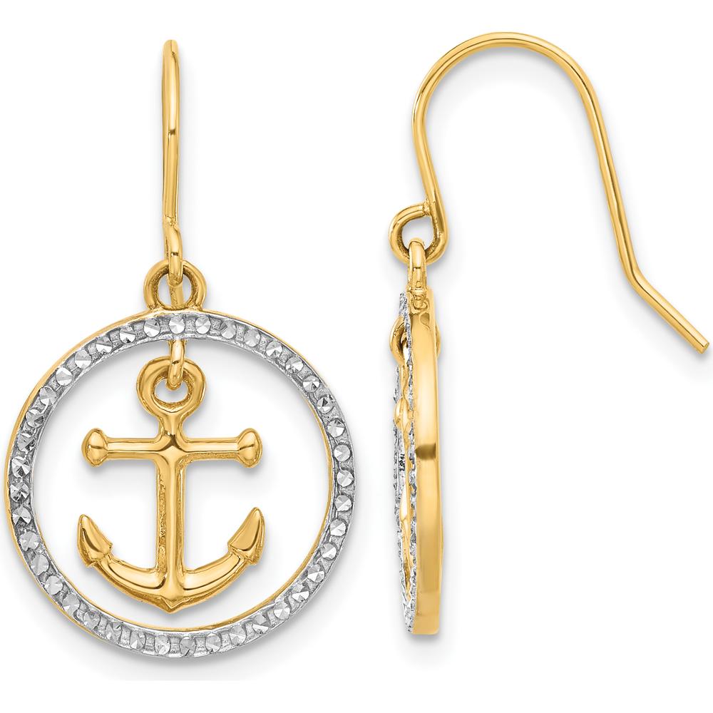 14K Yellow Gold Diamond-Cut Anchor Dangle Earrings with White Rhodium Accent - 0.50 Carat Total Weight by 0