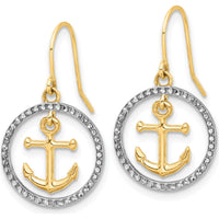 14K Yellow Gold Diamond-Cut Anchor Dangle Earrings with White Rhodium Accent - 0.50 Carat Total Weight by 0
