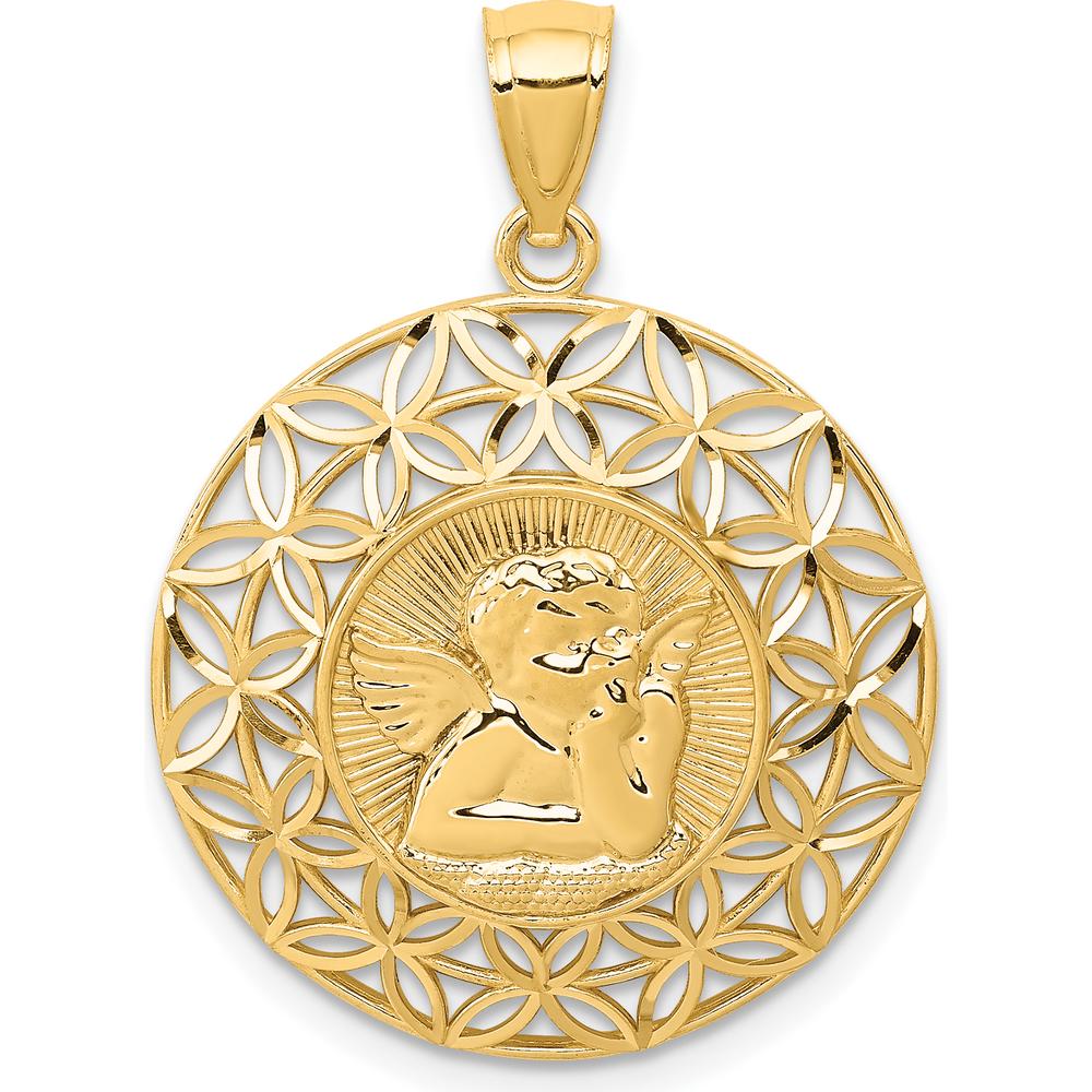 14K Yellow Gold Diamond-Cut Angel Medal Pendant - 28mm Length by Oro Pregiato