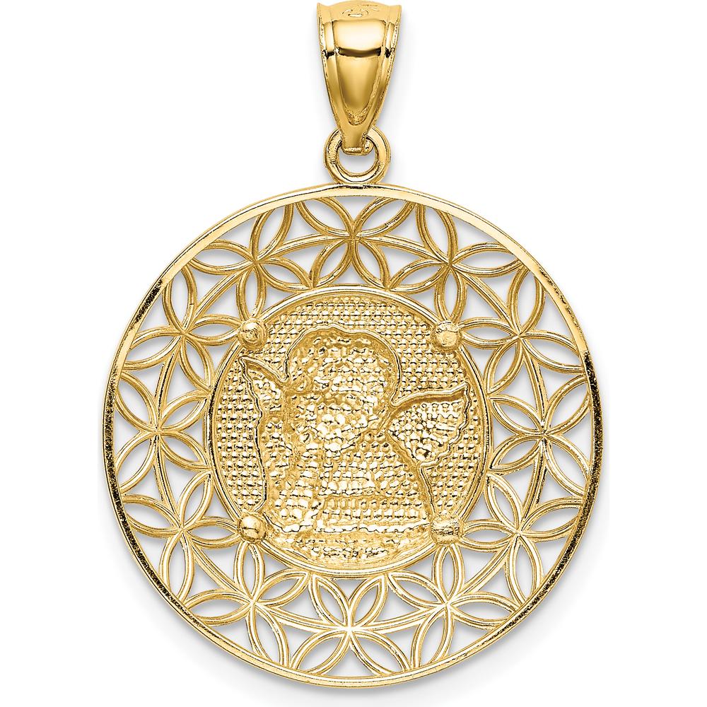 14K Yellow Gold Diamond-Cut Angel Medal Pendant - 28mm Length by Oro Pregiato