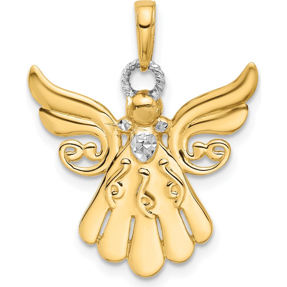14K Yellow Gold Diamond-Cut Angel Pendant with White Rhodium Accents - 25.5mm Length by Oro Pregiato