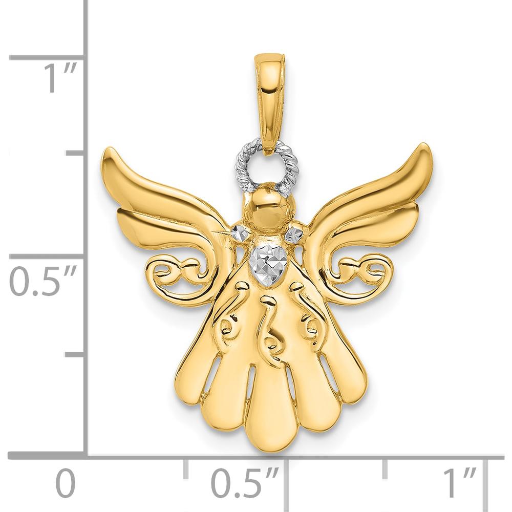 14K Yellow Gold Diamond-Cut Angel Pendant with White Rhodium Accents - 25.5mm Length by Oro Pregiato