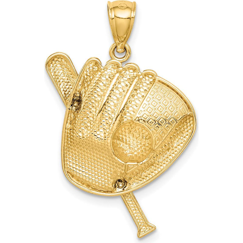 14K Yellow Gold Diamond-Cut Baseball Bat and Glove Pendant with White Rhodium Ball by Oro Pregiato