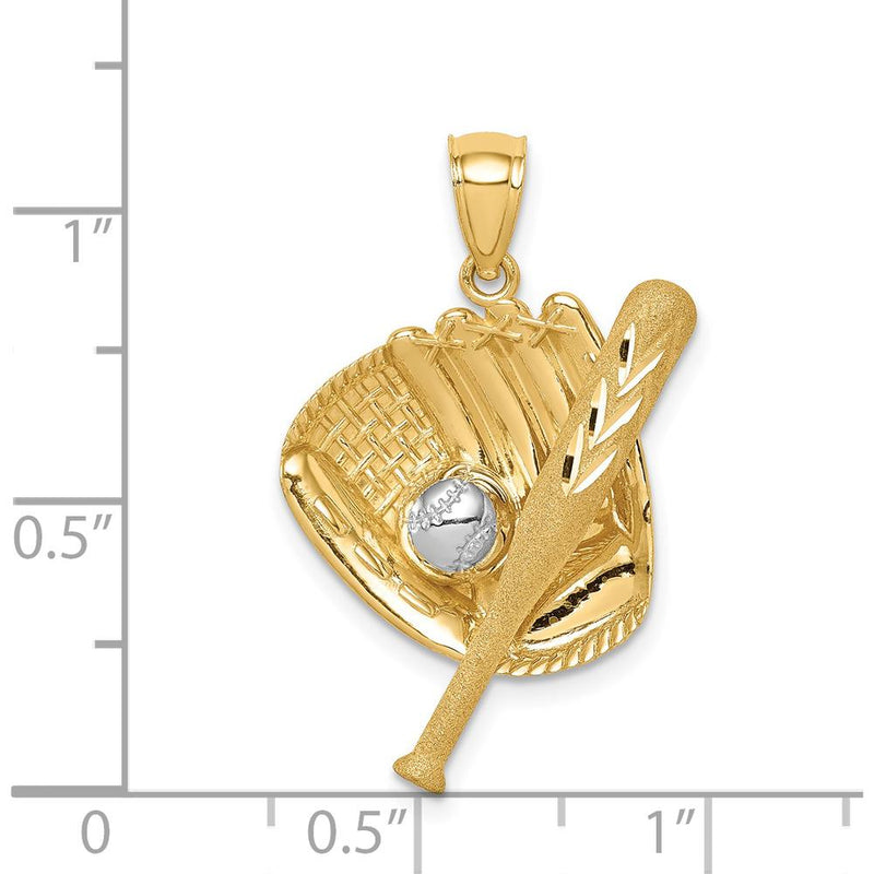 14K Yellow Gold Diamond-Cut Baseball Bat and Glove Pendant with White Rhodium Ball by Oro Pregiato
