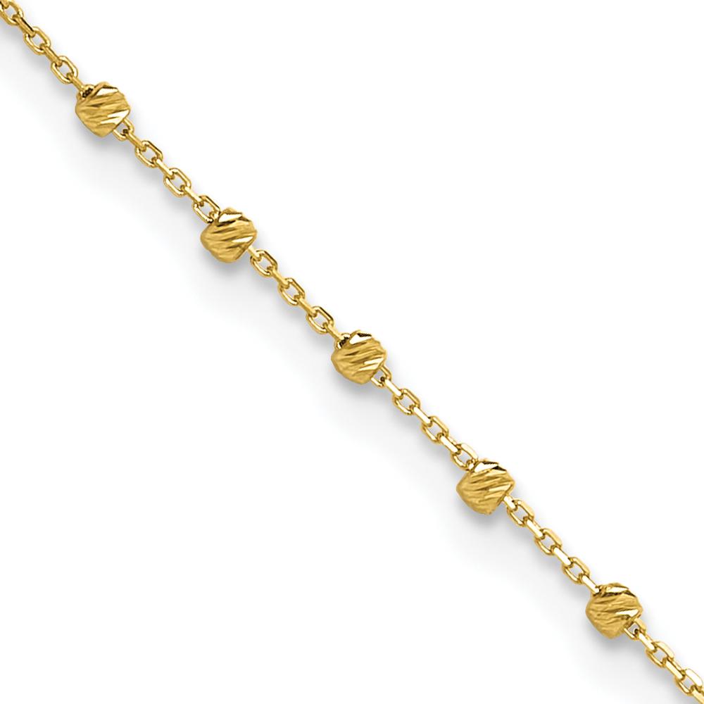 14K Yellow Gold Diamond-Cut Bead and Cable Chain Anklet - 9.75" Adjustable Length