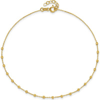 14K Yellow Gold Diamond-Cut Bead and Cable Chain Anklet - 9.75" Adjustable Length