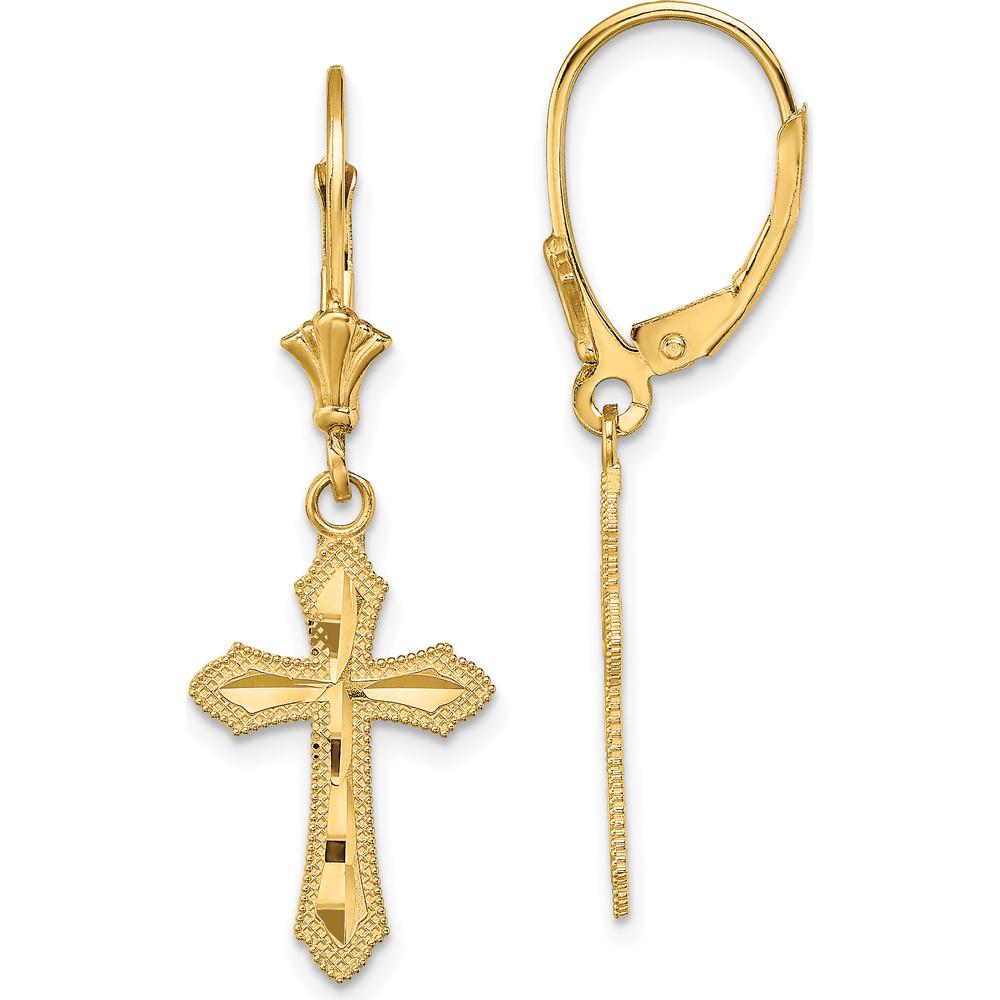 14K Yellow Gold Diamond-Cut Beaded Edge Cross Leverback Drop Earrings by 0