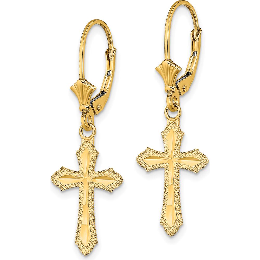 14K Yellow Gold Diamond-Cut Beaded Edge Cross Leverback Drop Earrings by 0