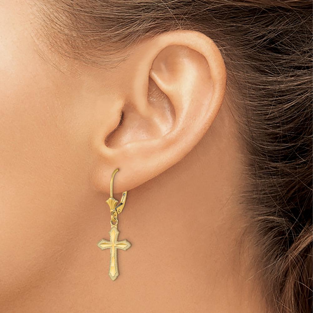 14K Yellow Gold Diamond-Cut Beaded Edge Cross Leverback Drop Earrings by 0