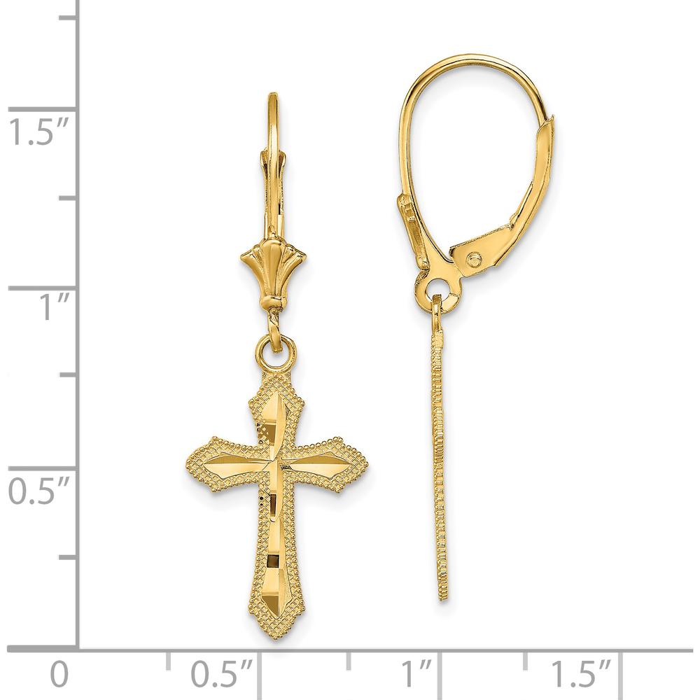 14K Yellow Gold Diamond-Cut Beaded Edge Cross Leverback Drop Earrings by 0