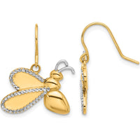 14K Yellow Gold Diamond-Cut Bee Dangle Earrings with Rhodium Accents - 0.20 Carat Total Diamond Weight by 0