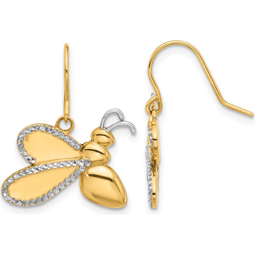 14K Yellow Gold Diamond-Cut Bee Dangle Earrings with Rhodium Accents - 0.20 Carat Total Diamond Weight by 0