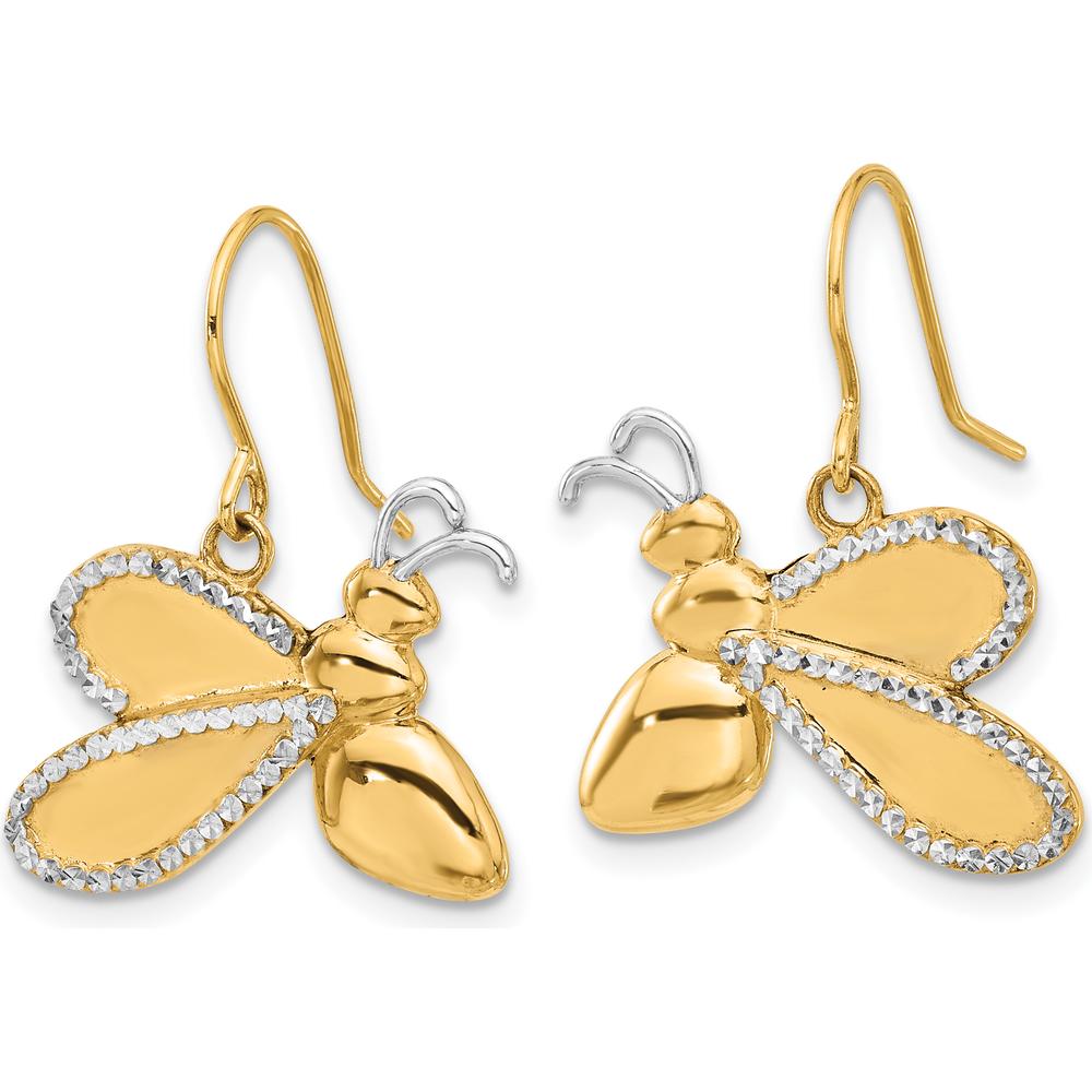 14K Yellow Gold Diamond-Cut Bee Dangle Earrings with Rhodium Accents - 0.20 Carat Total Diamond Weight by 0