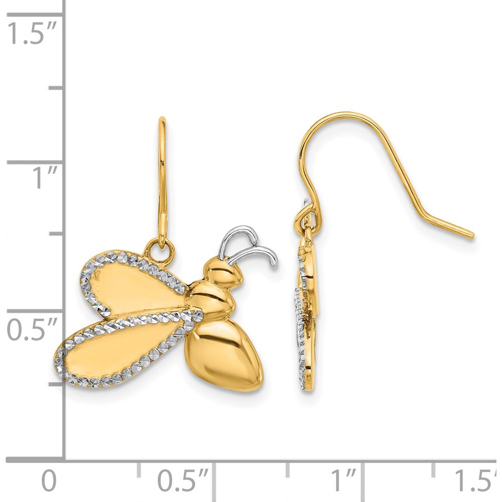 14K Yellow Gold Diamond-Cut Bee Dangle Earrings with Rhodium Accents - 0.20 Carat Total Diamond Weight by 0