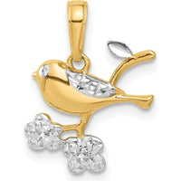14K Yellow Gold Diamond-Cut Bird on Branch Pendant with White Rhodium Accents by Oro Pregiato