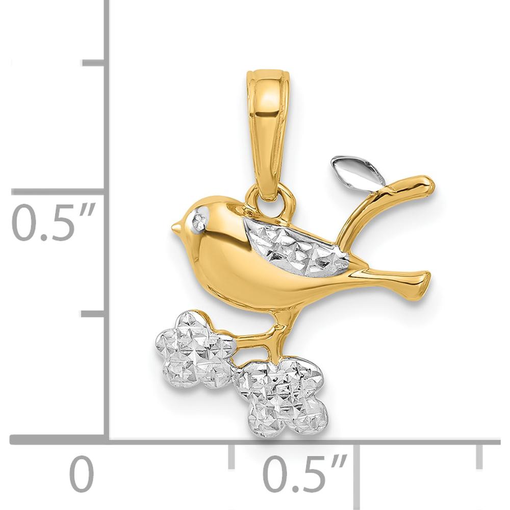 14K Yellow Gold Diamond-Cut Bird on Branch Pendant with White Rhodium Accents by Oro Pregiato