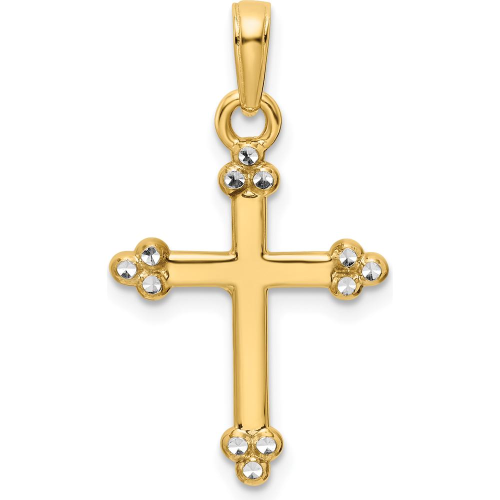 14K Yellow Gold Diamond-Cut Budded Cross Pendant with Polished Finish and Rhodium Plating by Oro Pregiato
