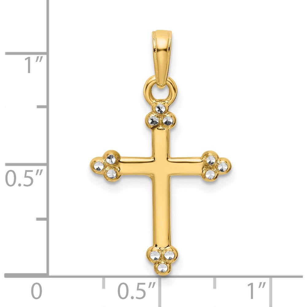 14K Yellow Gold Diamond-Cut Budded Cross Pendant with Polished Finish and Rhodium Plating by Oro Pregiato