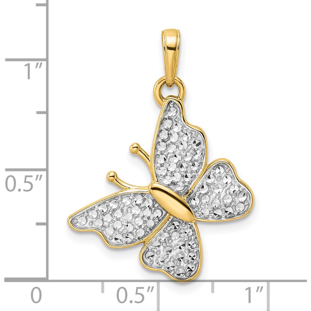 14K Yellow Gold Diamond-Cut Butterfly Pendant with Rhodium Finish - 30mm Length by Oro Pregiato