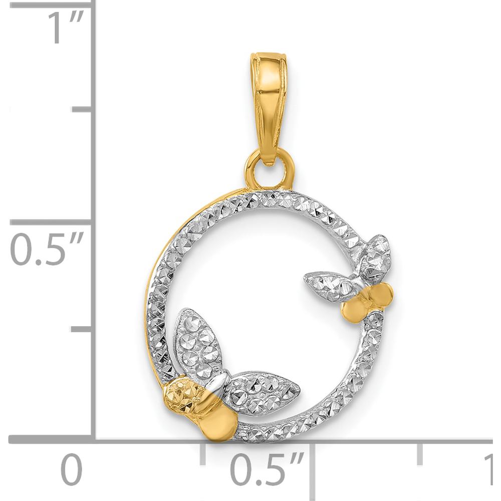 14K Yellow Gold Diamond-Cut Butterfly Pendant with White Rhodium Accents - 23.4mm Length by Oro Pregiato