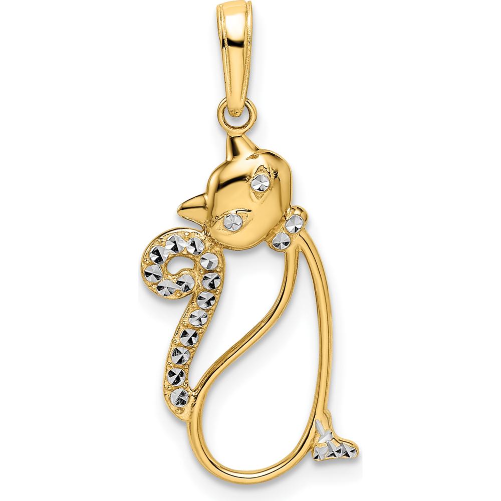 14K Yellow Gold Diamond-Cut Cat Pendant with White Rhodium Accents - 27.83mm Length by Oro Pregiato