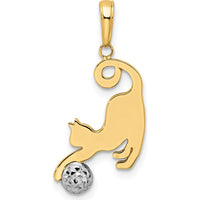 14K Yellow Gold Diamond-Cut Cat Pendant with White Rhodium Ball Charm by Oro Pregiato