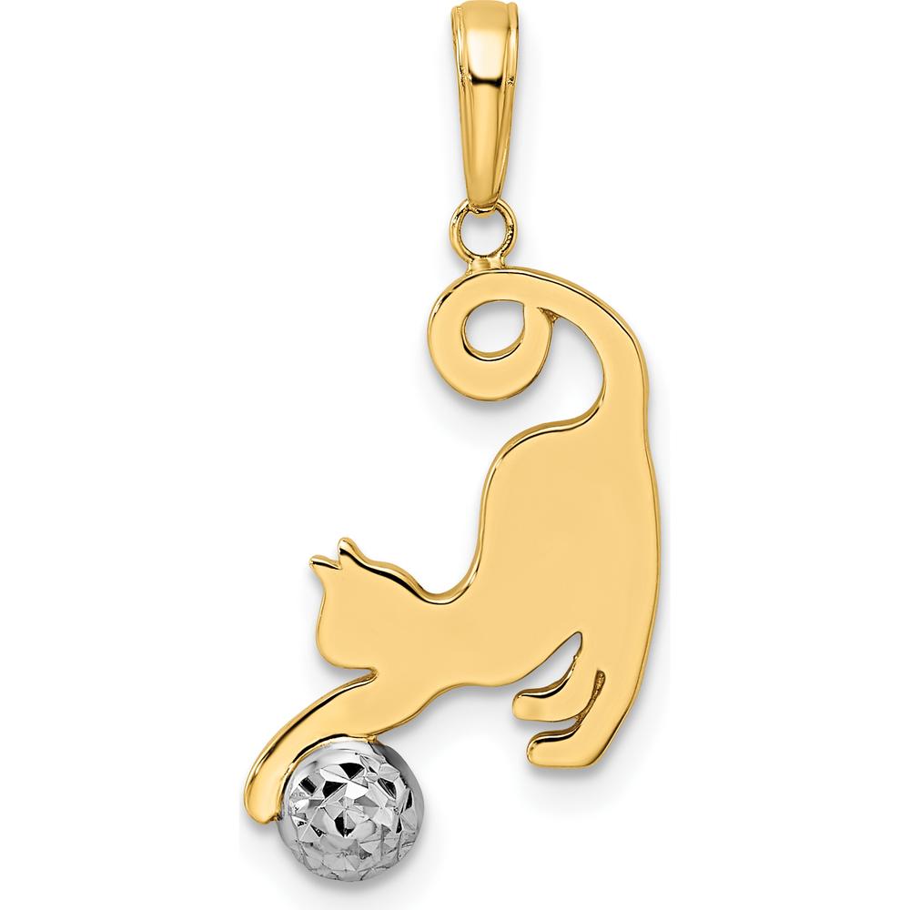 14K Yellow Gold Diamond-Cut Cat Pendant with White Rhodium Ball Charm by Oro Pregiato