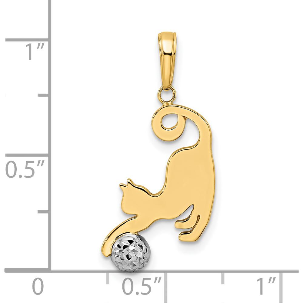 14K Yellow Gold Diamond-Cut Cat Pendant with White Rhodium Ball Charm by Oro Pregiato