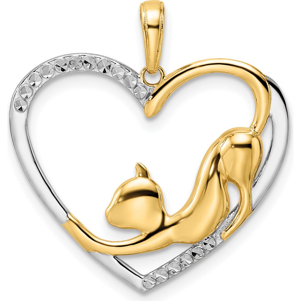 14K Yellow Gold Diamond-Cut Cat Stretching in Heart Pendant with Rhodium Accents by Oro Pregiato