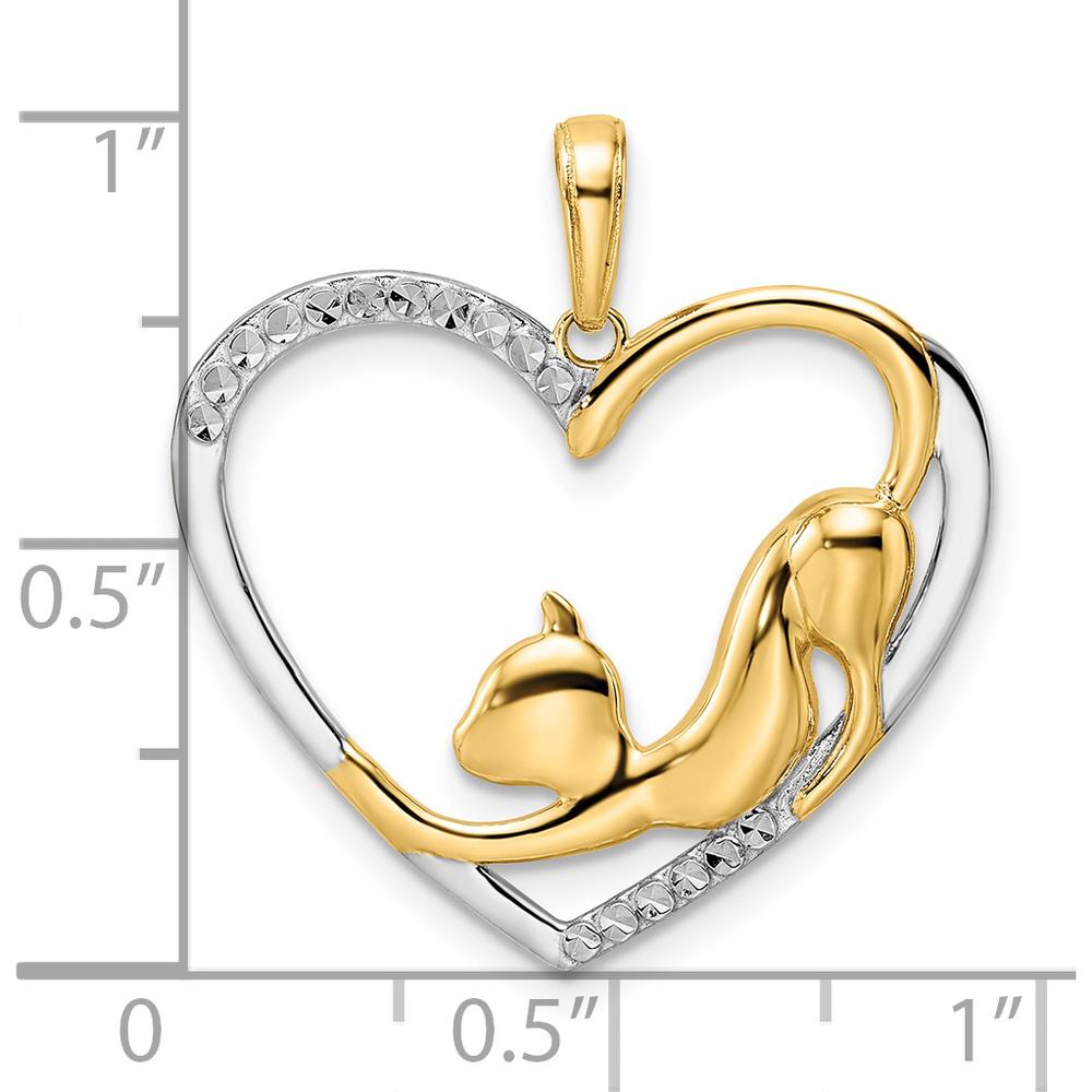 14K Yellow Gold Diamond-Cut Cat Stretching in Heart Pendant with Rhodium Accents by Oro Pregiato