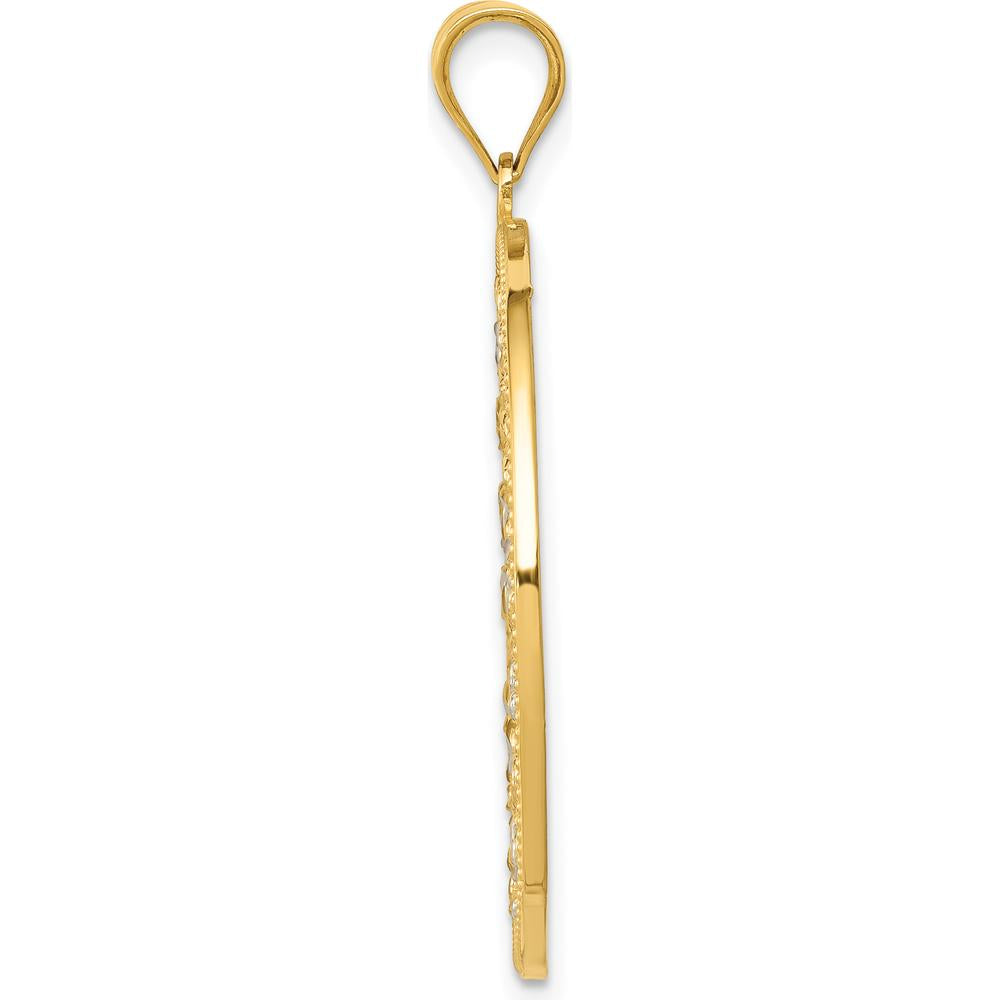 14K Yellow Gold Diamond-Cut Circle Pendant with White Rhodium Accents - 36mm by Oro Pregiato