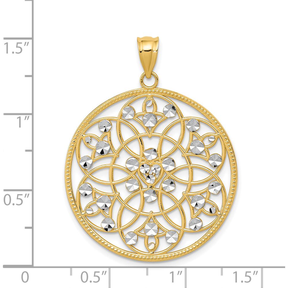 14K Yellow Gold Diamond-Cut Circle Pendant with White Rhodium Accents - 36mm by Oro Pregiato