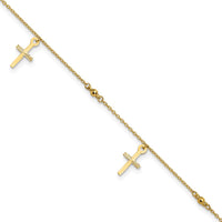 14K Yellow Gold Diamond-Cut Cross Dangle Anklet with Beads - 10" Adjustable Length