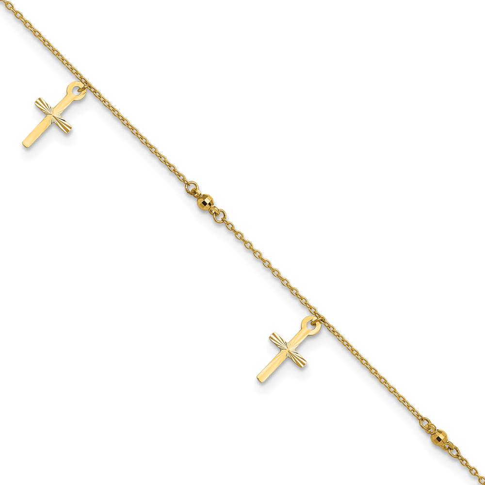 14K Yellow Gold Diamond-Cut Cross Dangle Anklet with Beads - 10" Adjustable Length