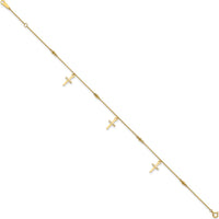 14K Yellow Gold Diamond-Cut Cross Dangle Anklet with Beads - 10" Adjustable Length