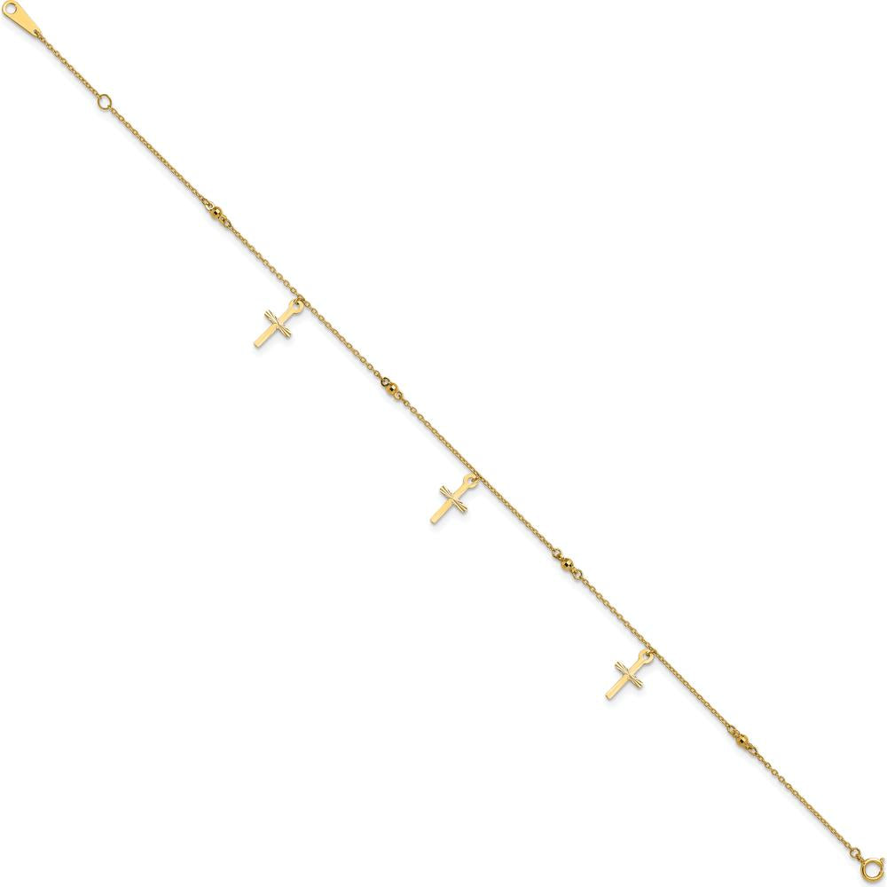 14K Yellow Gold Diamond-Cut Cross Dangle Anklet with Beads - 10" Adjustable Length