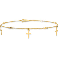 14K Yellow Gold Diamond-Cut Cross Dangle Anklet with Beads - 10" Adjustable Length