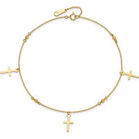 14K Yellow Gold Diamond-Cut Cross Dangle Anklet with Beads - 10" Adjustable Length