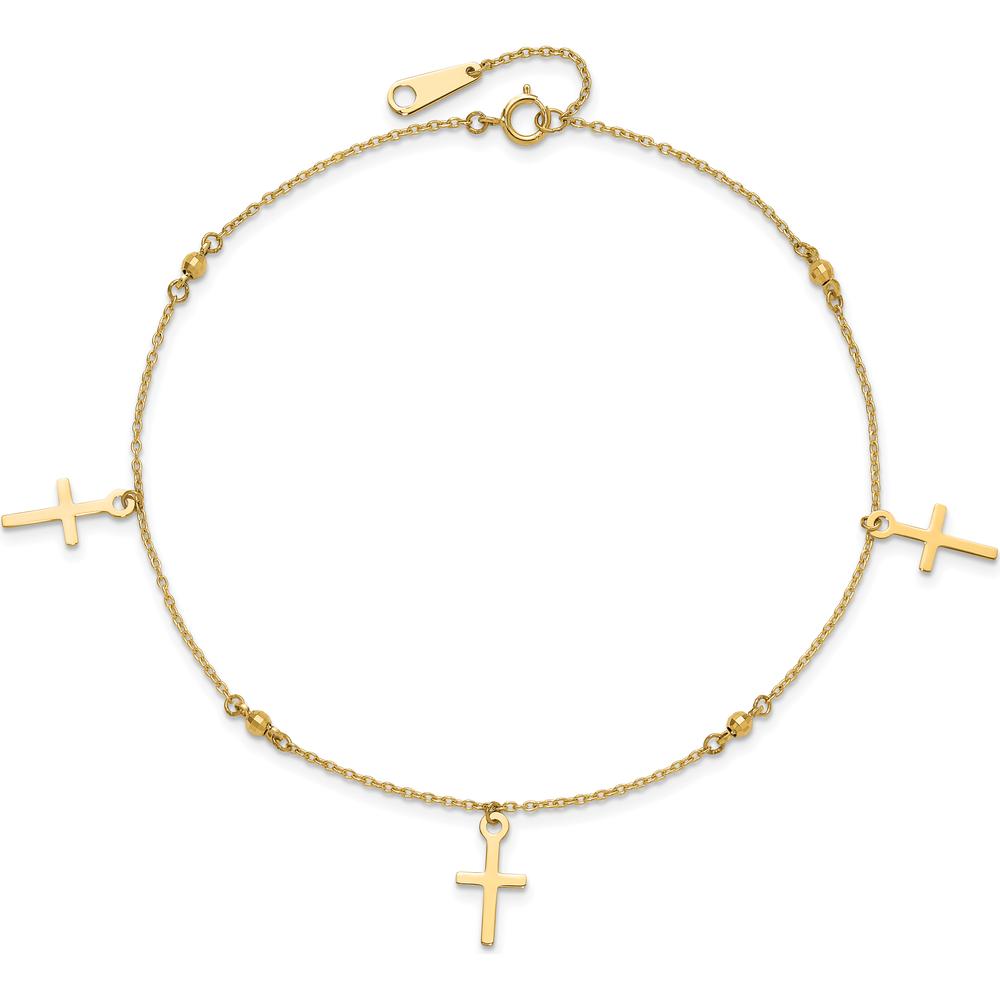 14K Yellow Gold Diamond-Cut Cross Dangle Anklet with Beads - 10" Adjustable Length