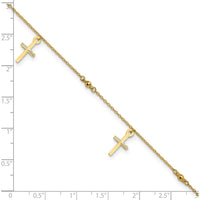 14K Yellow Gold Diamond-Cut Cross Dangle Anklet with Beads - 10" Adjustable Length