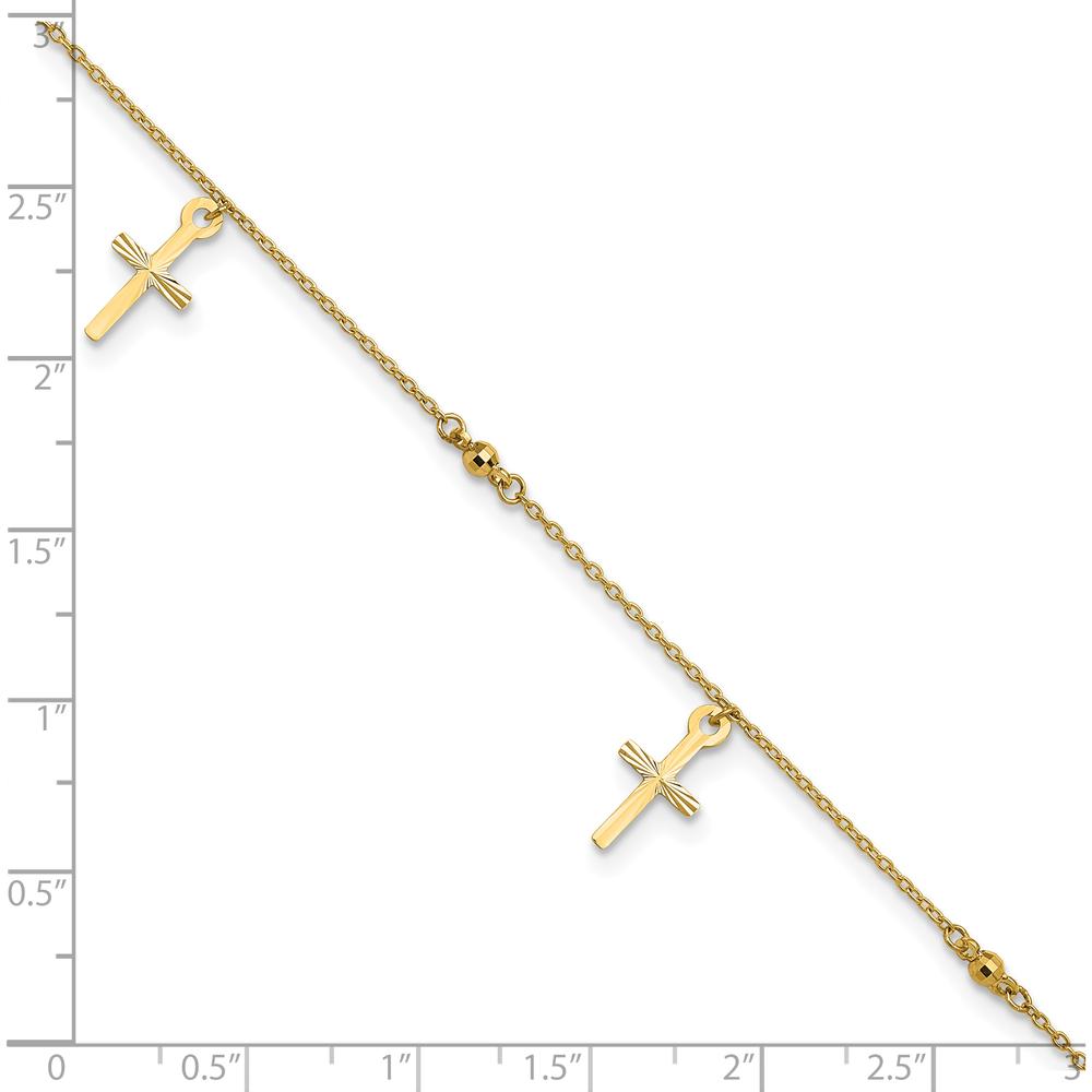 14K Yellow Gold Diamond-Cut Cross Dangle Anklet with Beads - 10" Adjustable Length