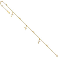 14K Yellow Gold Diamond-Cut Cross Dangle Anklet with Beads - 10" Adjustable Length