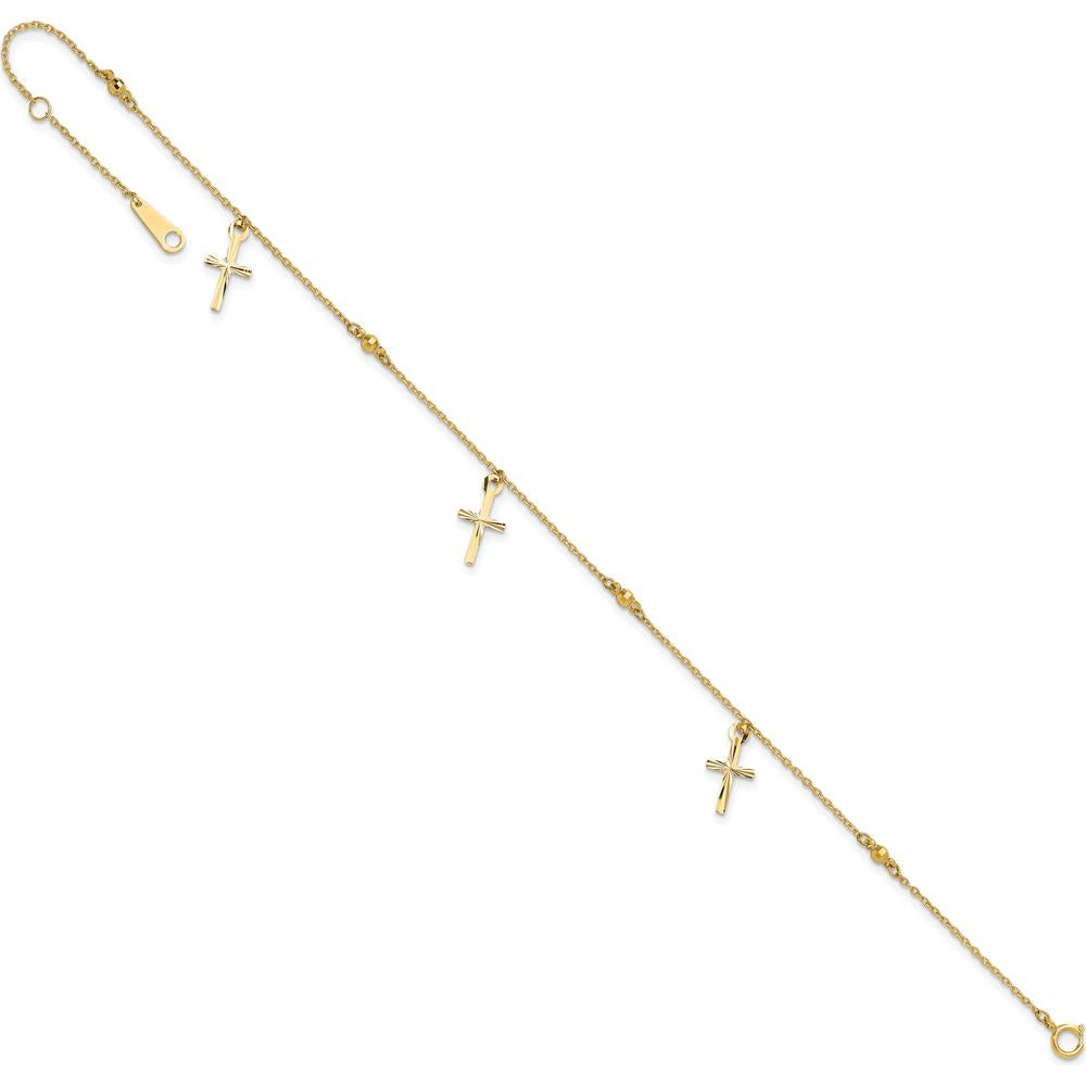 14K Yellow Gold Diamond-Cut Cross Dangle Anklet with Beads - 10" Adjustable Length