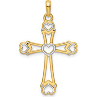 14K Yellow Gold Diamond-Cut Cross Pendant with Heart Accents and Rhodium Detail by Oro Pregiato