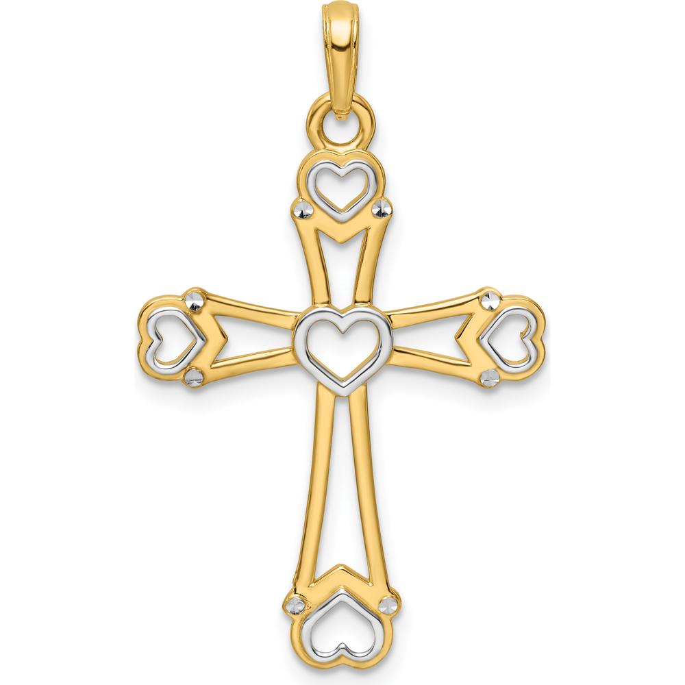 14K Yellow Gold Diamond-Cut Cross Pendant with Heart Accents and Rhodium Detail by Oro Pregiato