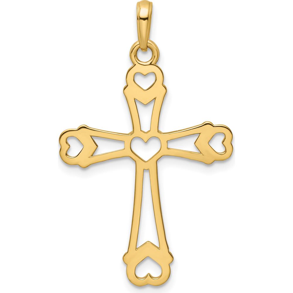 14K Yellow Gold Diamond-Cut Cross Pendant with Heart Accents and Rhodium Detail by Oro Pregiato