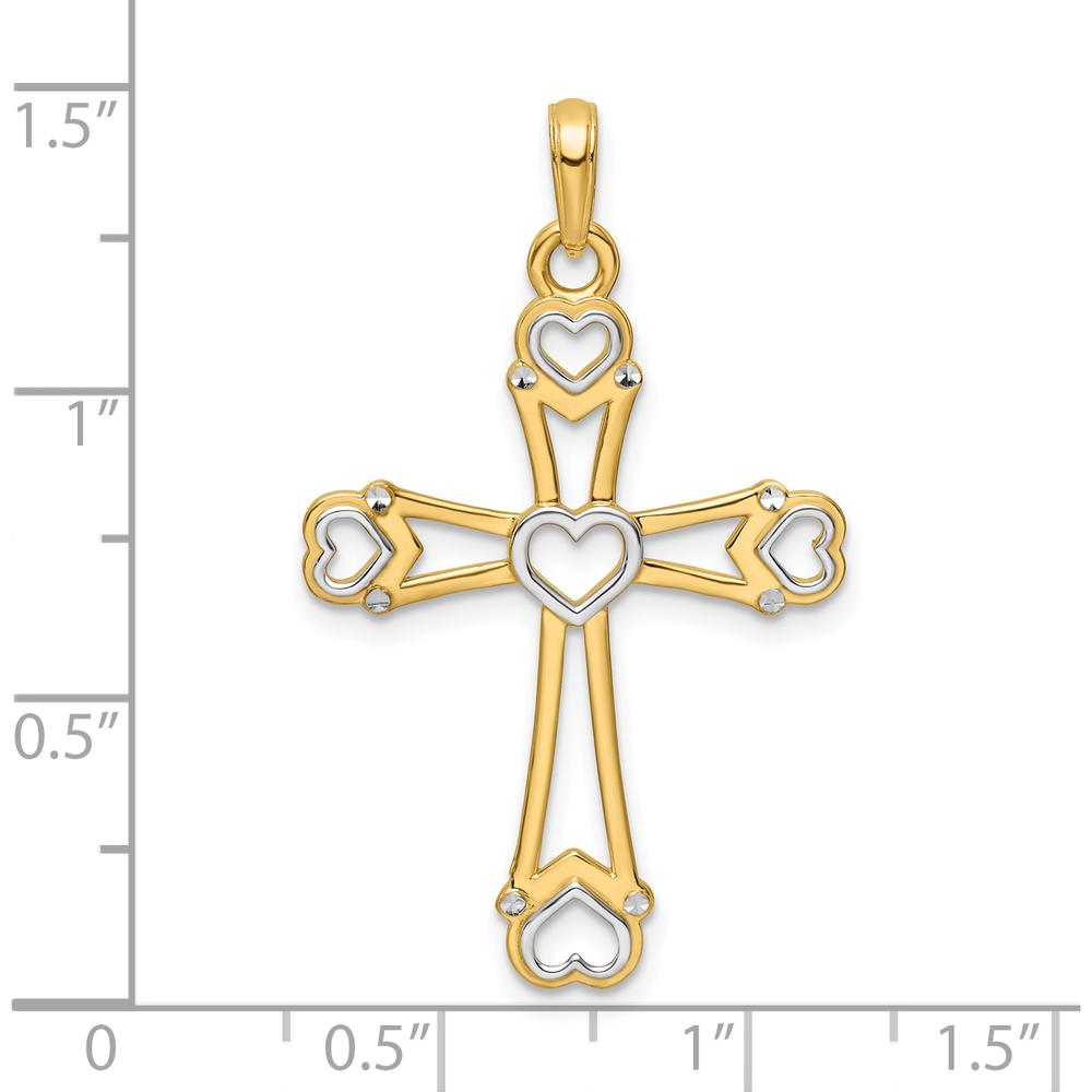 14K Yellow Gold Diamond-Cut Cross Pendant with Heart Accents and Rhodium Detail by Oro Pregiato